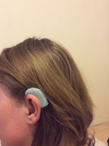 This Phonak Nathos hearing aid is worn by UK hearing loss blogger Liz Fisher, who is an awesome supporter of the Lipreading Mom blog. Thanks, Liz!